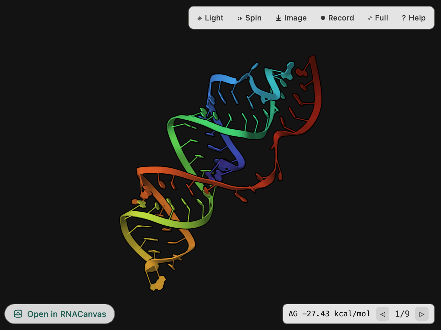 The RNAccess 3D viewer: a predicted RNA fold coloured 5′→3′, with ΔG −27.43 kcal/mol.
